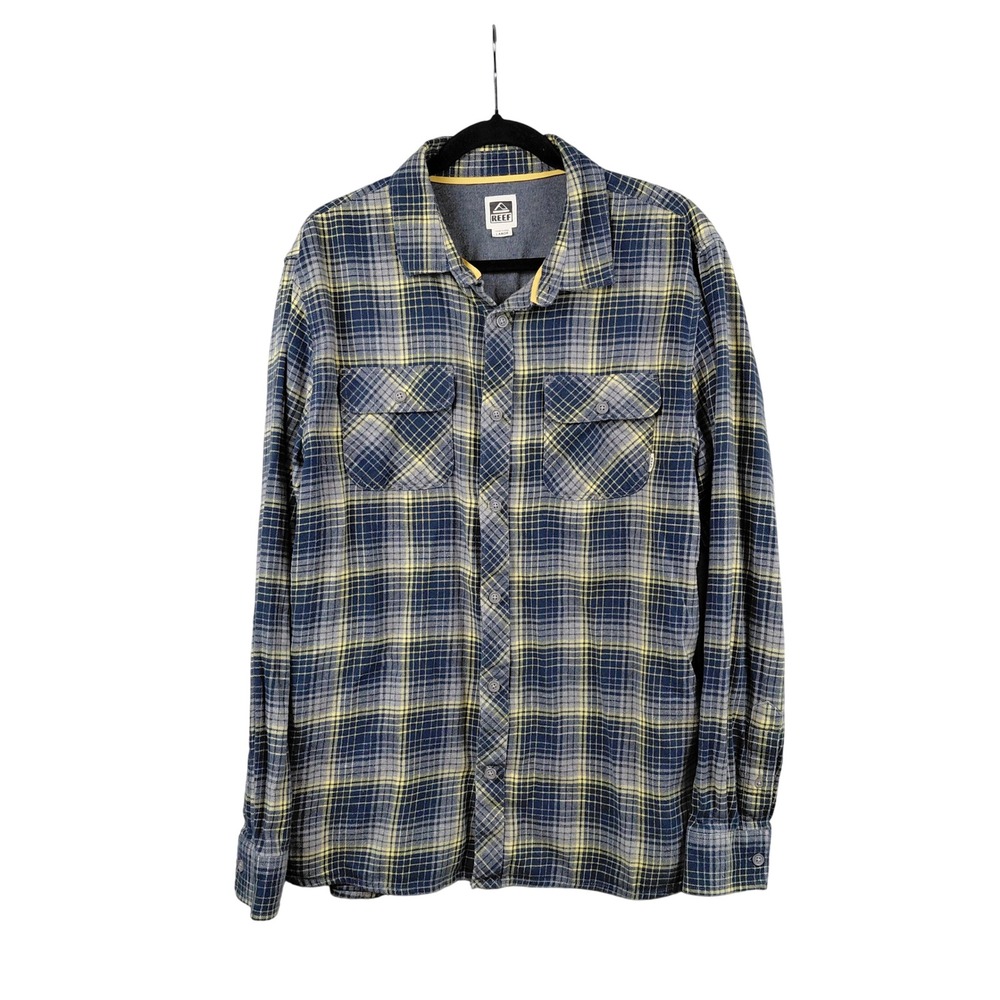 Reef Mens L‎ Classic Plaid Flannel Long Sleeve Button Up Shirt Blue Yellow